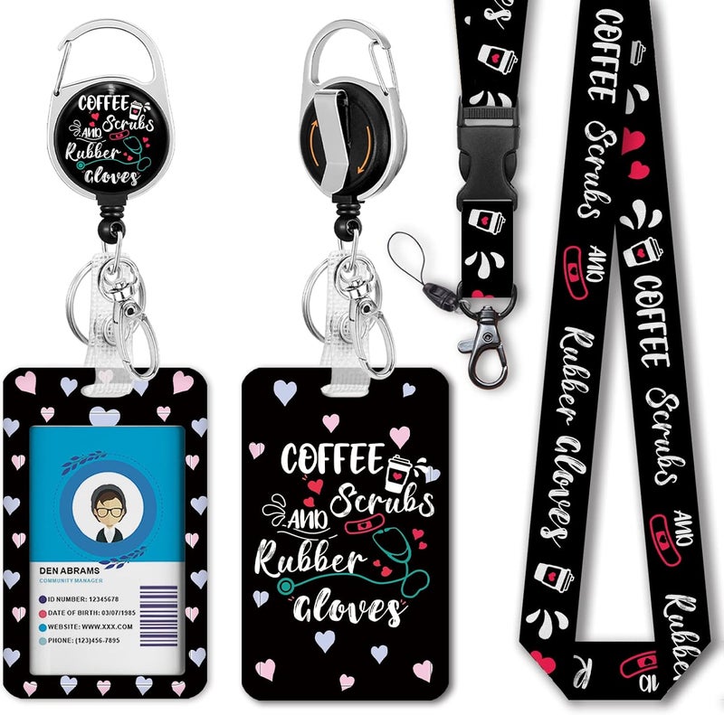GIANCOMICS Funny Nurse ID Badge Holder with Lanyard, Coffee Scrubs and Rubber Gloves Badge Reel Retractable with 360 Degrees Rotate Carabiner Clip Heavy Duty, Cute ID Holder ID Clip Name Badge Clip Keychain - Image 1